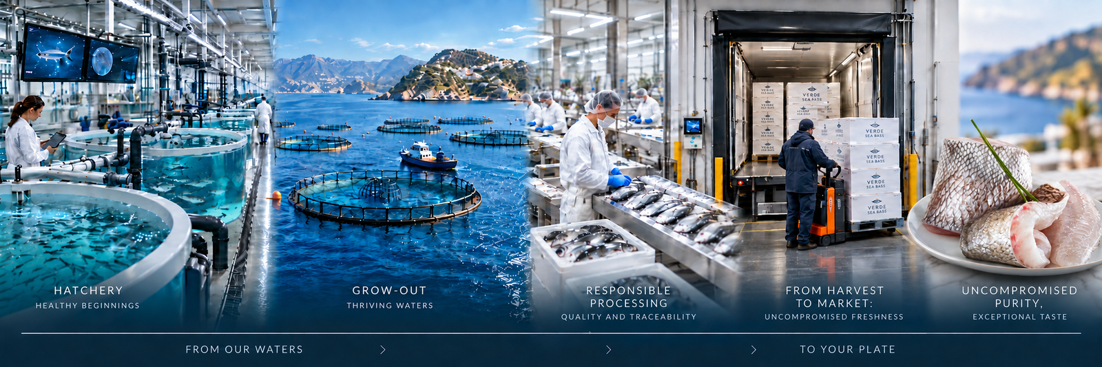 Aquaculture from our waters to your plate: hatchery, Mediterranean grow-out farms, responsible seafood processing, refrigerated delivery, and raw skinless sea bass fillets on a white plate.